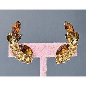 Vintage Rhinestone Clip On Earrings Climber Statement Brown Topaz Tone